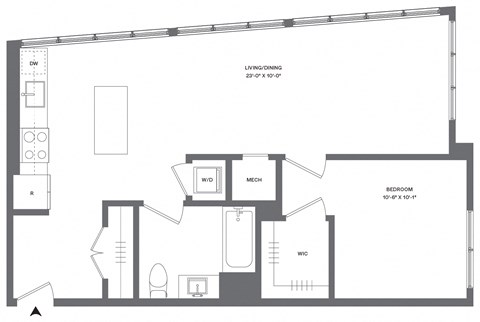 Floor plan for 1 bed, 1 bath, 732 sqft